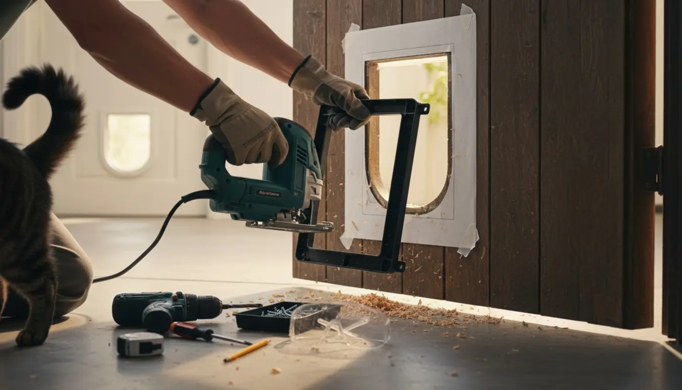 Nærbillede af montering af kattelem i en træ-havedør med værktøj og en nysgerrig kat, uden tydelige ansigter.