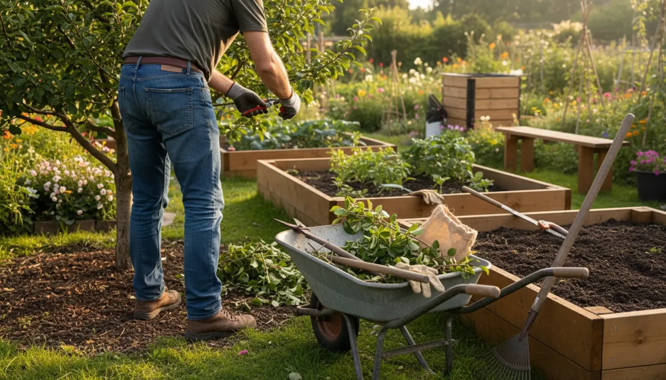 En person beskærer et frugttræ i en privat have med værktøj og ryddede bede i baggrunden.