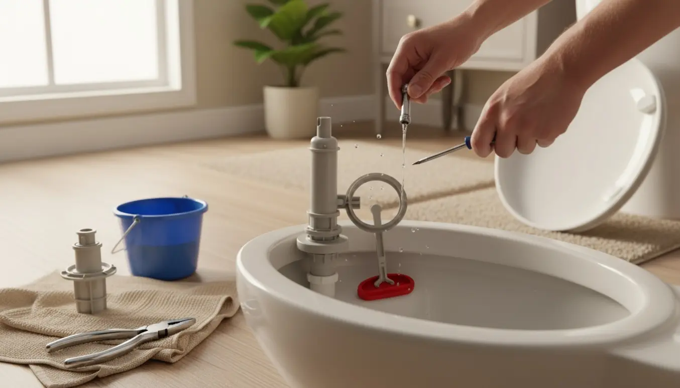 Åbent toilet cisterne med hænder, der justerer fyldeventilen, små dryp og reparationsværktøj ved siden af.