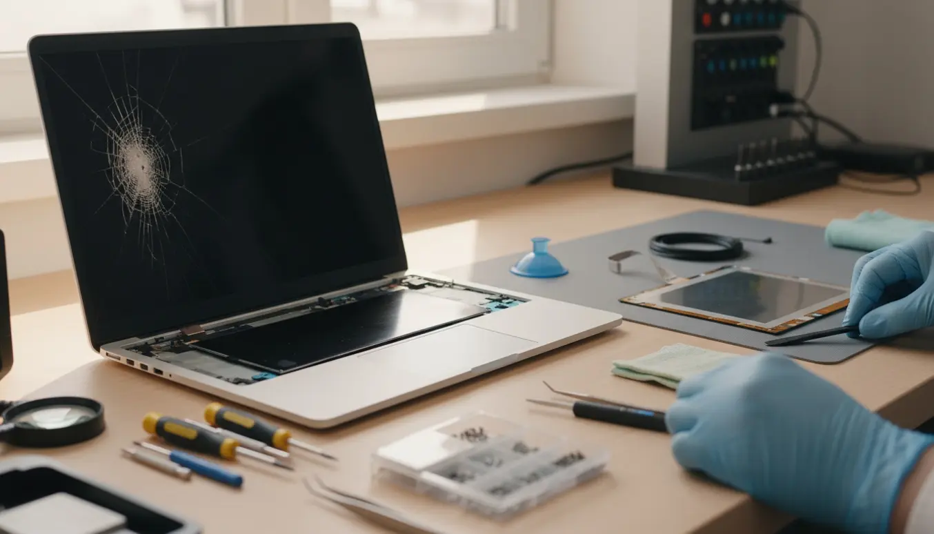 Nærbillede af hænder, der udskifter en knust skærm på en 15,6 tommers bærbar på et ryddeligt arbejdsbord med værktøj og reservedel.