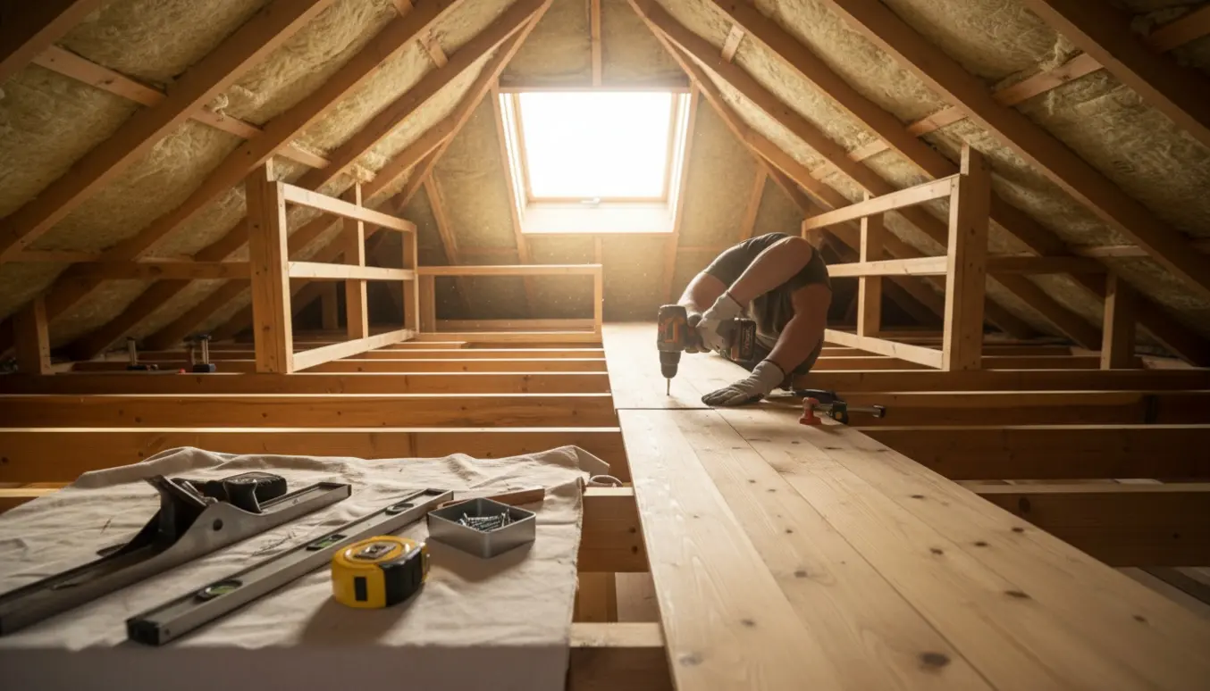 Nyisoleret loft med brædder, værktøj og hænder, hvor gangbroen gøres bredere og hylder bygges mellem spærene.