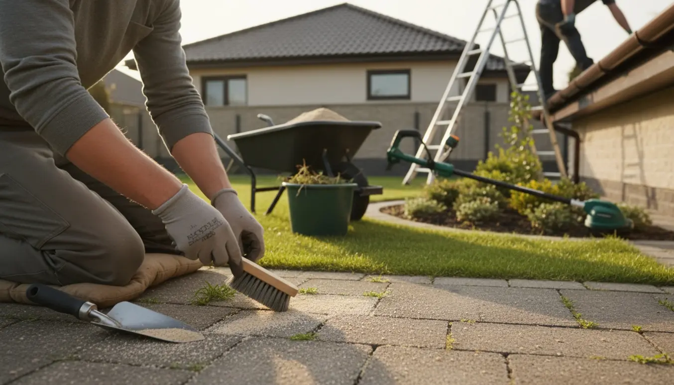 Havehjælper fylder sand mellem fliser og luger bede med stige ved tagrenden i baggrunden.