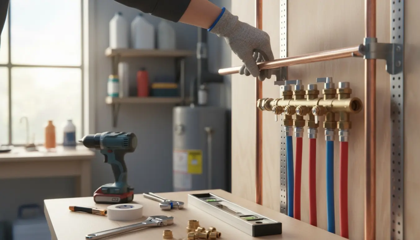 Nærbillede af hænder, der monterer vandrør på en vægmonteret VVS-manchet i et lyst teknisk rum.
