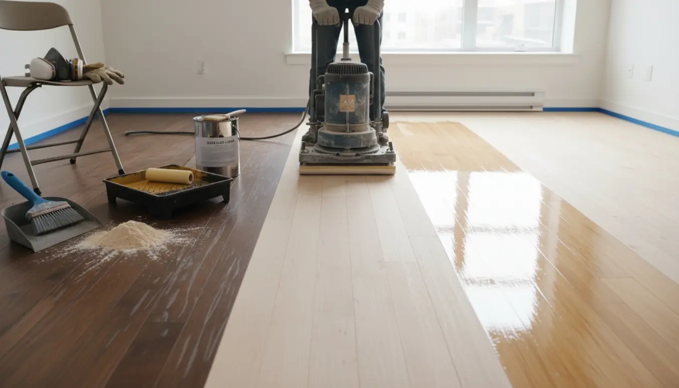 Trægulv under slibning og lakering i lyst værelse med værktøj og en nylakeret, skinnende stribe.