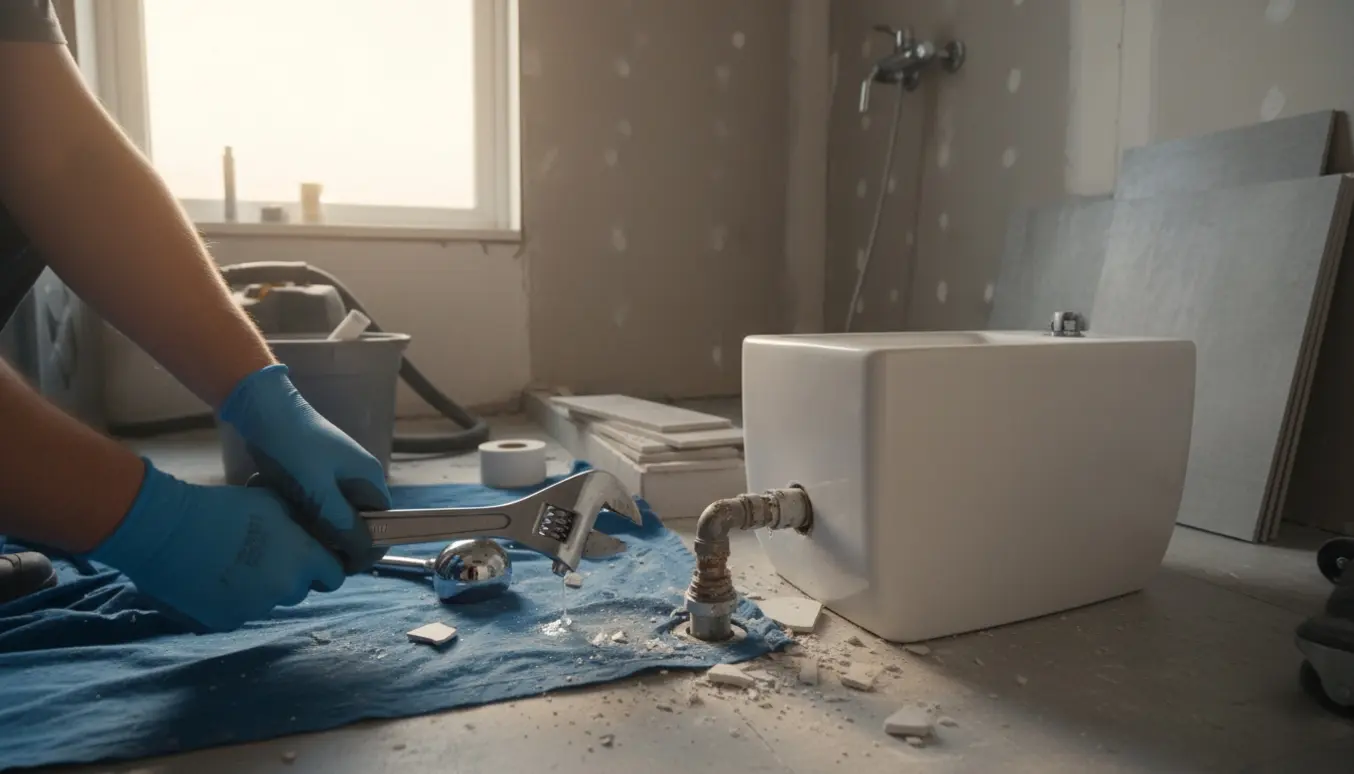Tekniker afmonterer toilet og bruser i et badeværelse forud for flisearbejde.