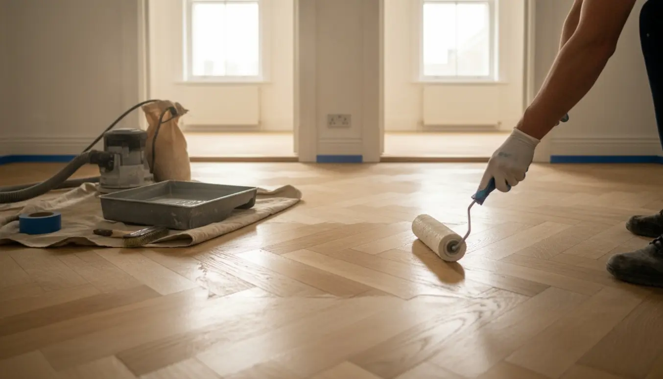 Nærbillede af et halvvejs slebet og nylakeret parketgulv i en lys lejlighed, hvor hænder ruller klar lak på træet.