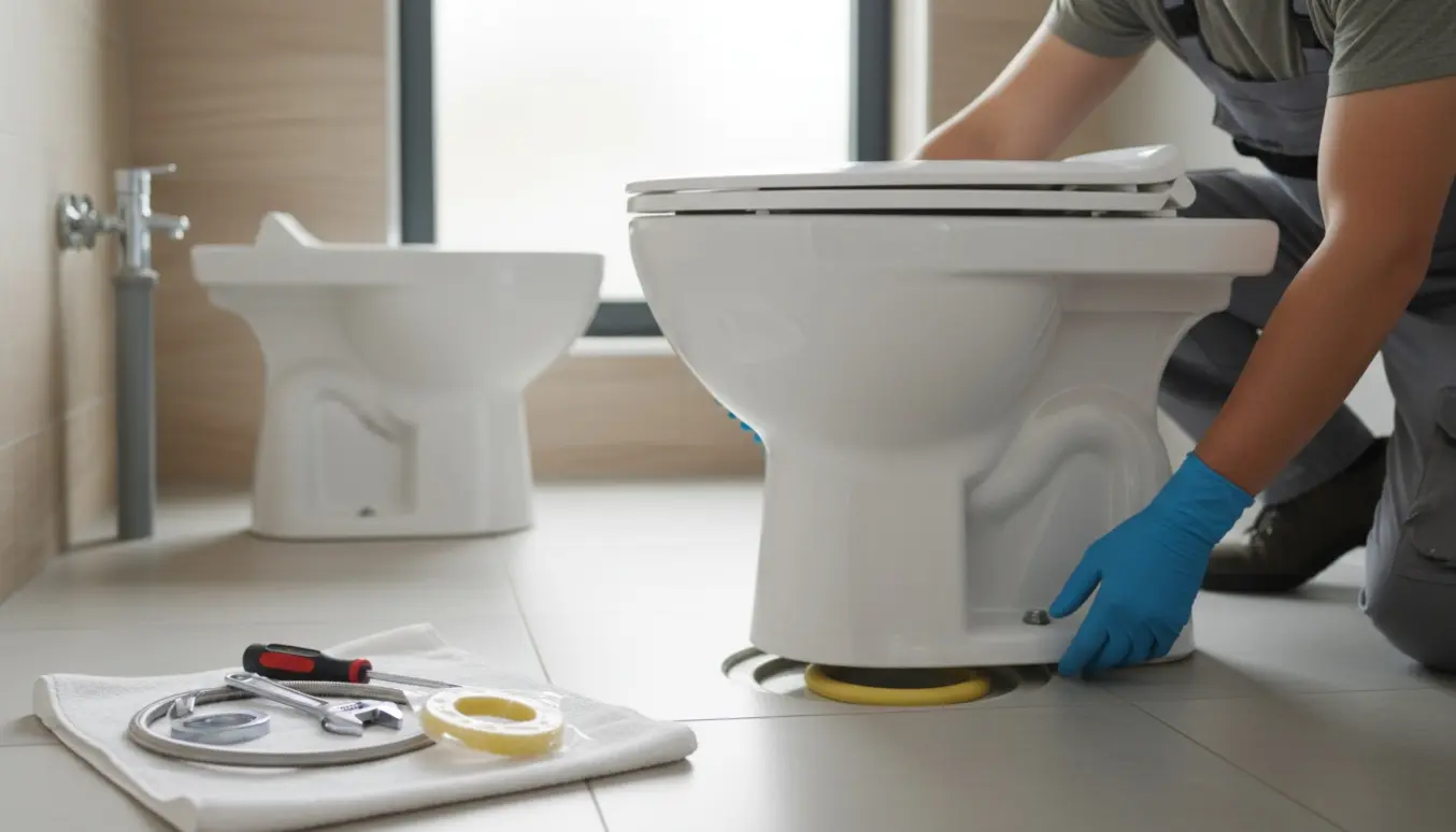En person i handsker monterer en ny toiletskål på voksring og gulvafløb i et lyst badeværelse.
