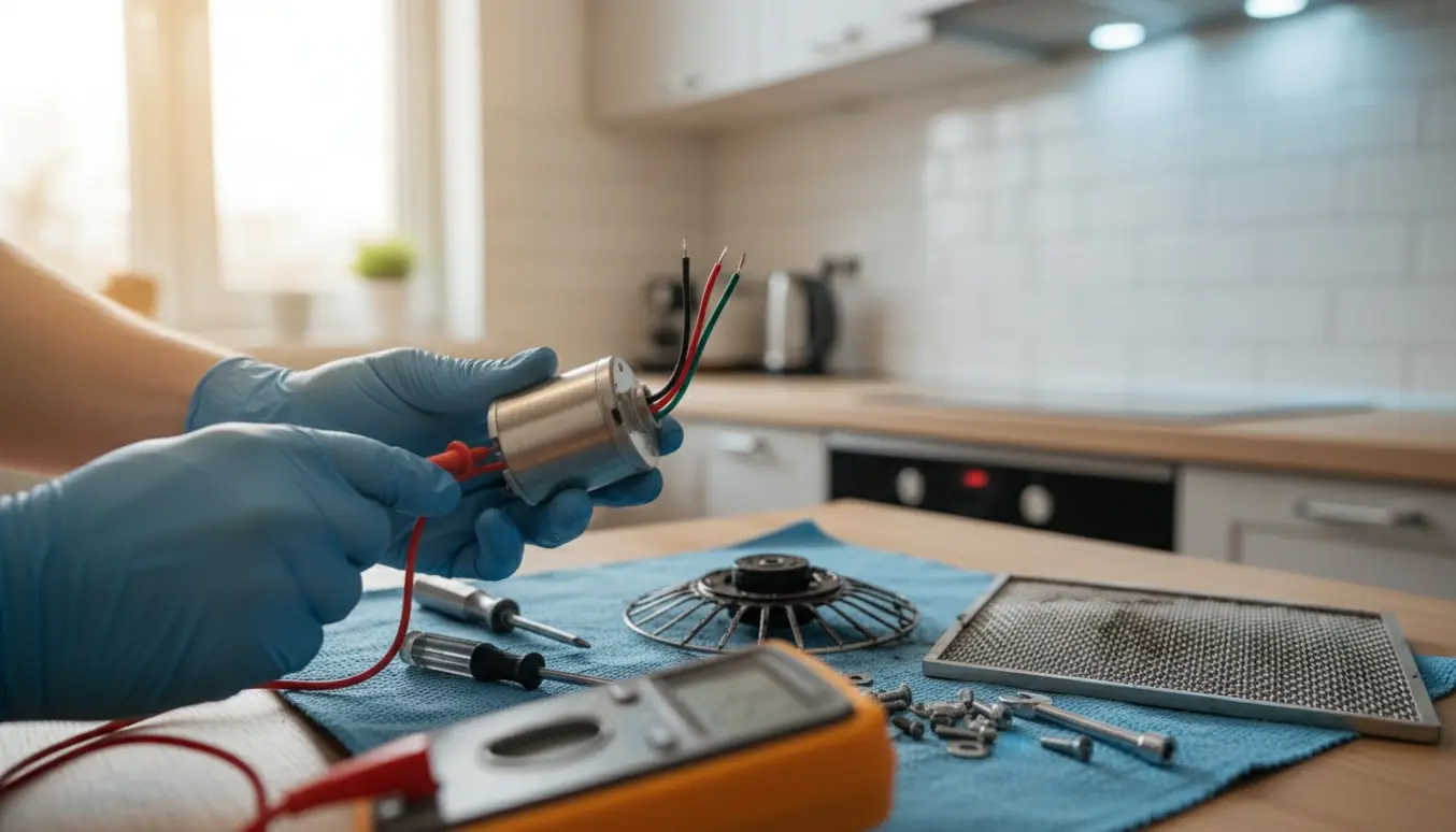 Nærbillede af blåhandskede hænder, der reparerer elmotoren i en køkkenemhætte med værktøj og reservedele.