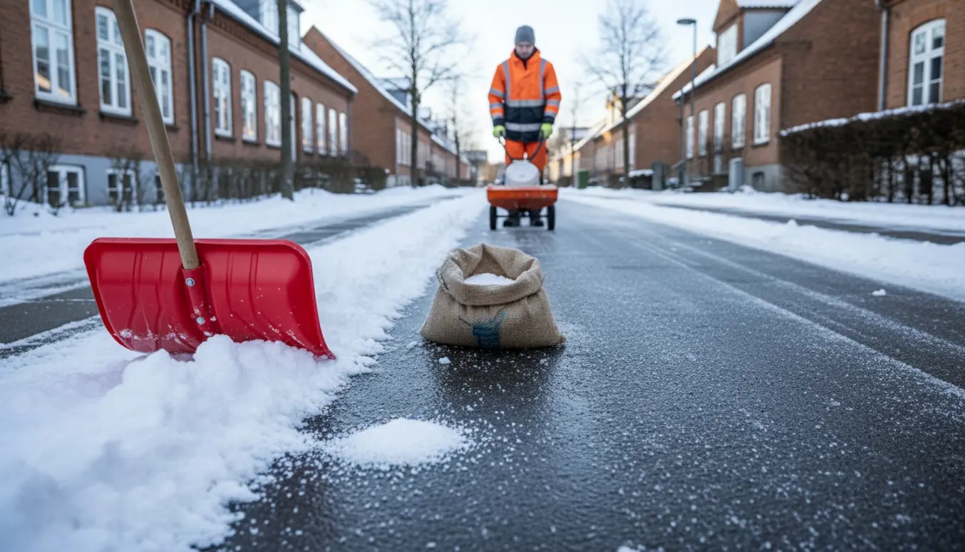 Rydning af sne og saltning af et langt fortov i en lille dansk by set fra siden.