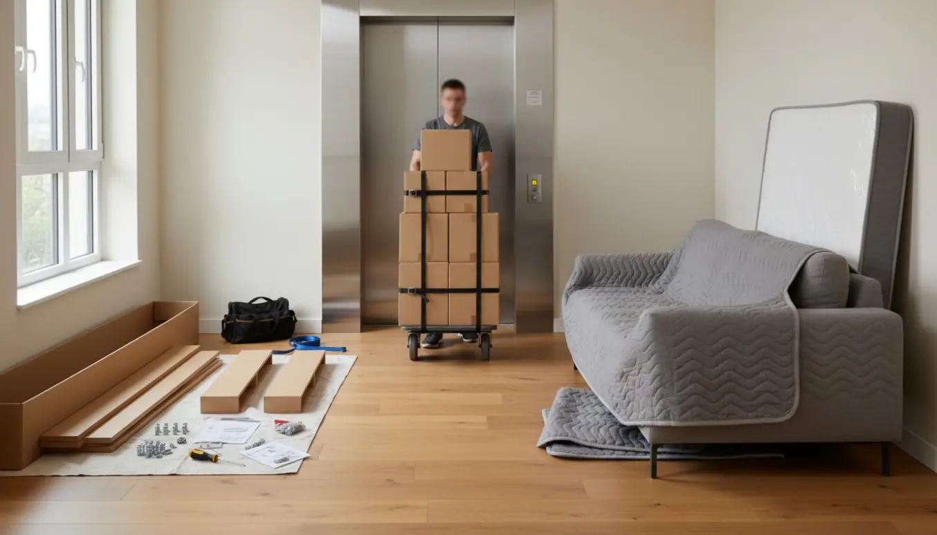 Åben elevator med stabler af ubrandede flyttekasser, en indpakket sofa og en seng samt dele til to lave reoler.