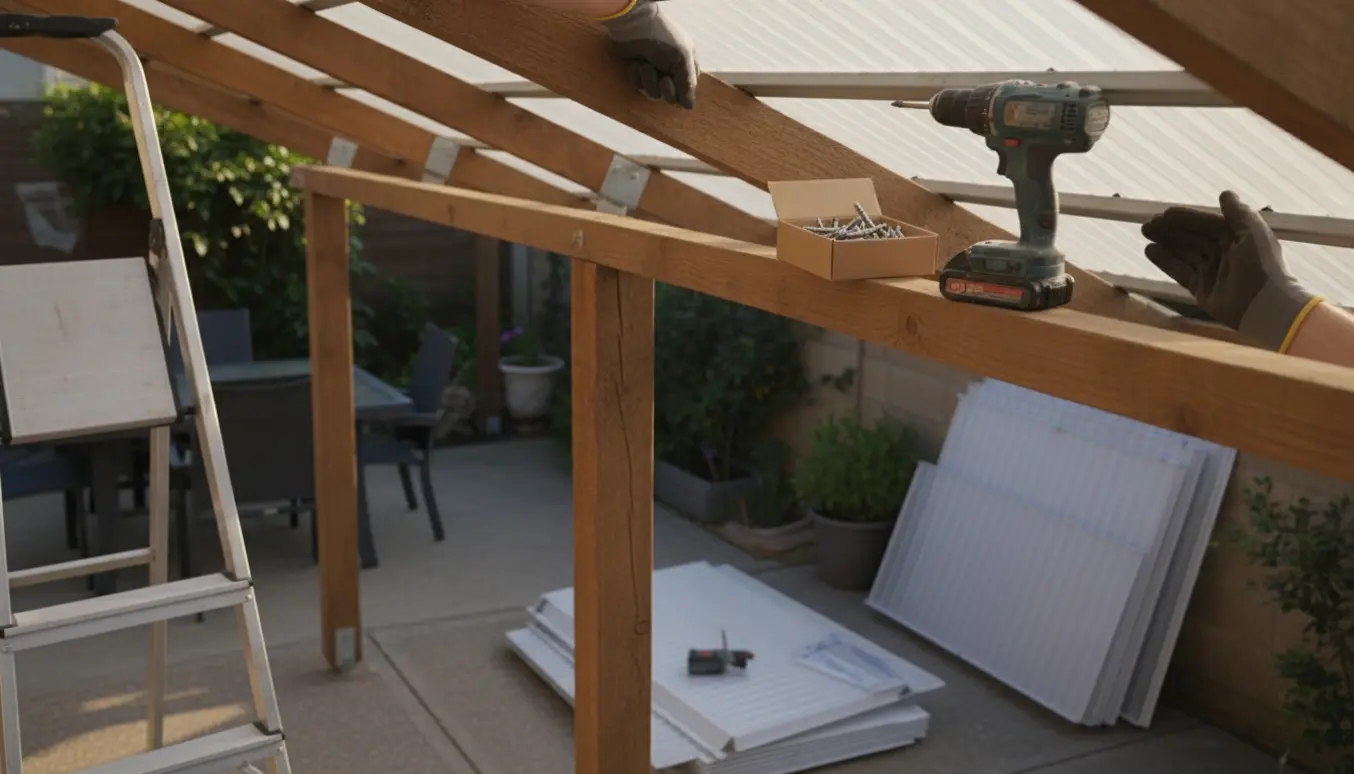 Udskiftning af trapezplader på en lille overdækning med handsker, boremaskine og nye plader klar til montering.