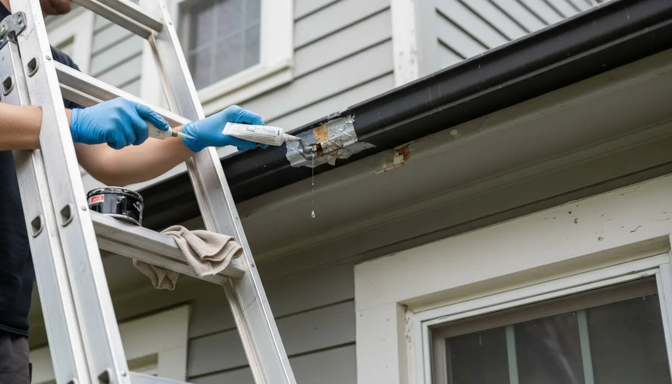 En stige op ad huset, hvor en person på vej op reparerer et lille hul i tagrenden over første sal.