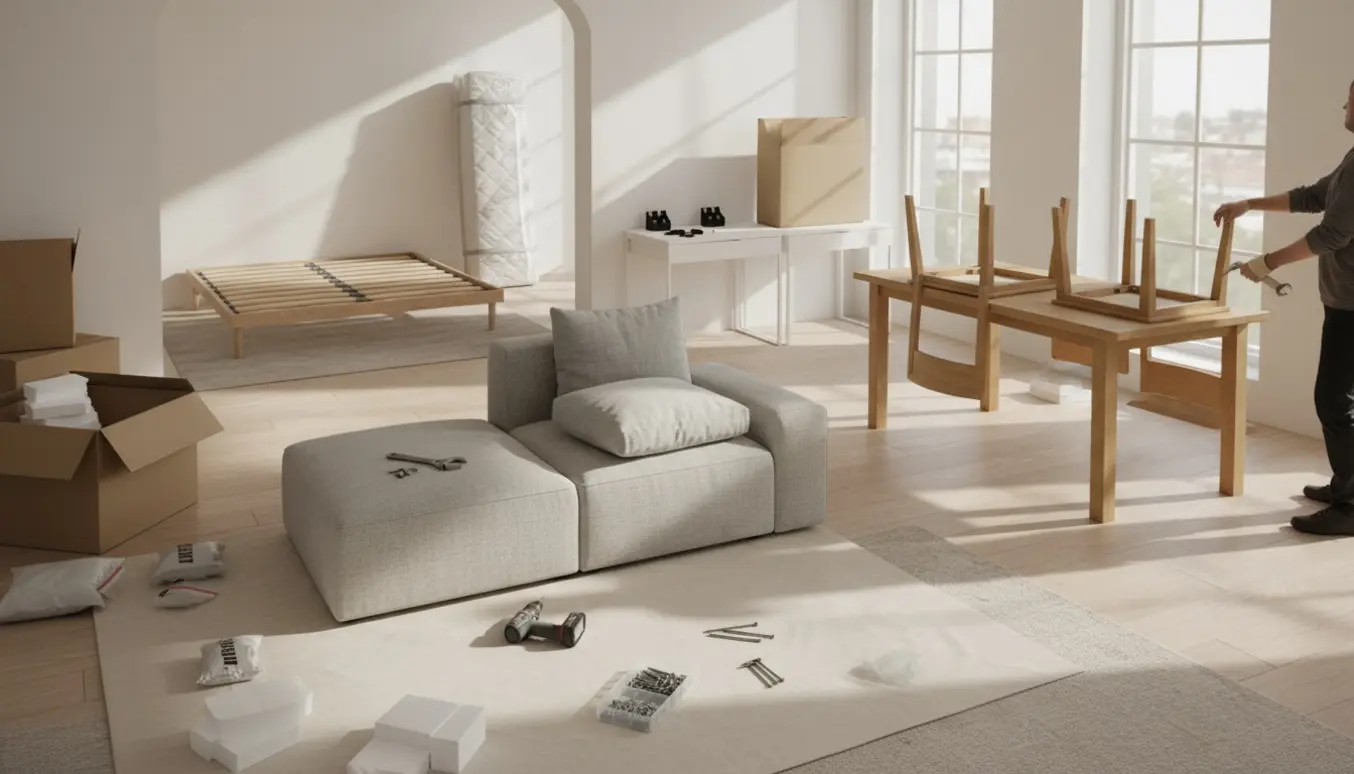 Montører samler møbler i et lyst hjem med senge, sofa, spisebord og arbejdsborde og værktøj spredt rundt.