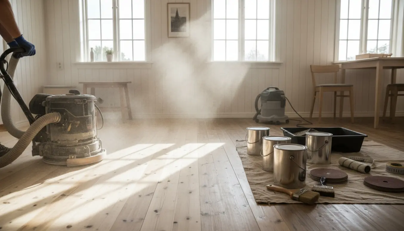 Fyrretræsgulv i sommerhus under slibning med slibemaskine, træstøv og tre åbne lakdåser.