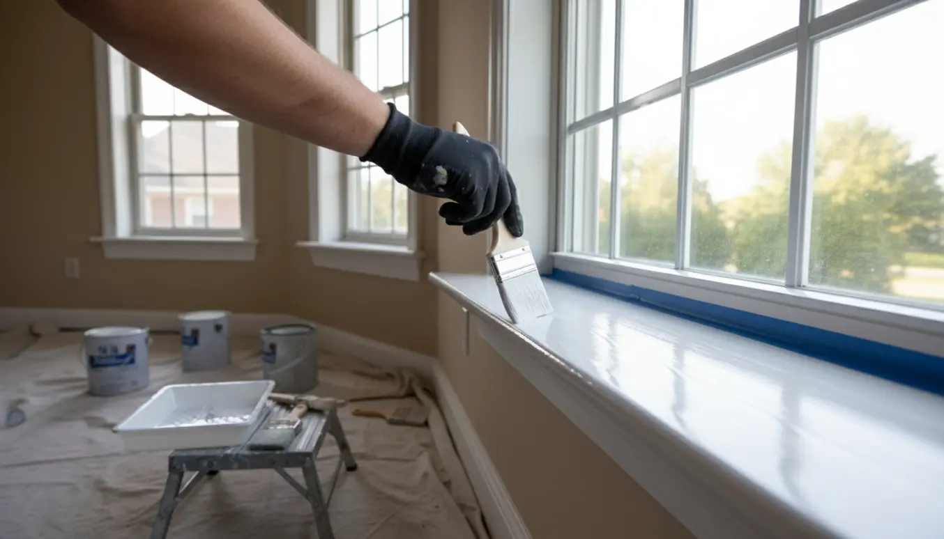 Nærbillede af hænder, der maler hvide indvendige vindueskarme med pensel, med afdækning og malertape.