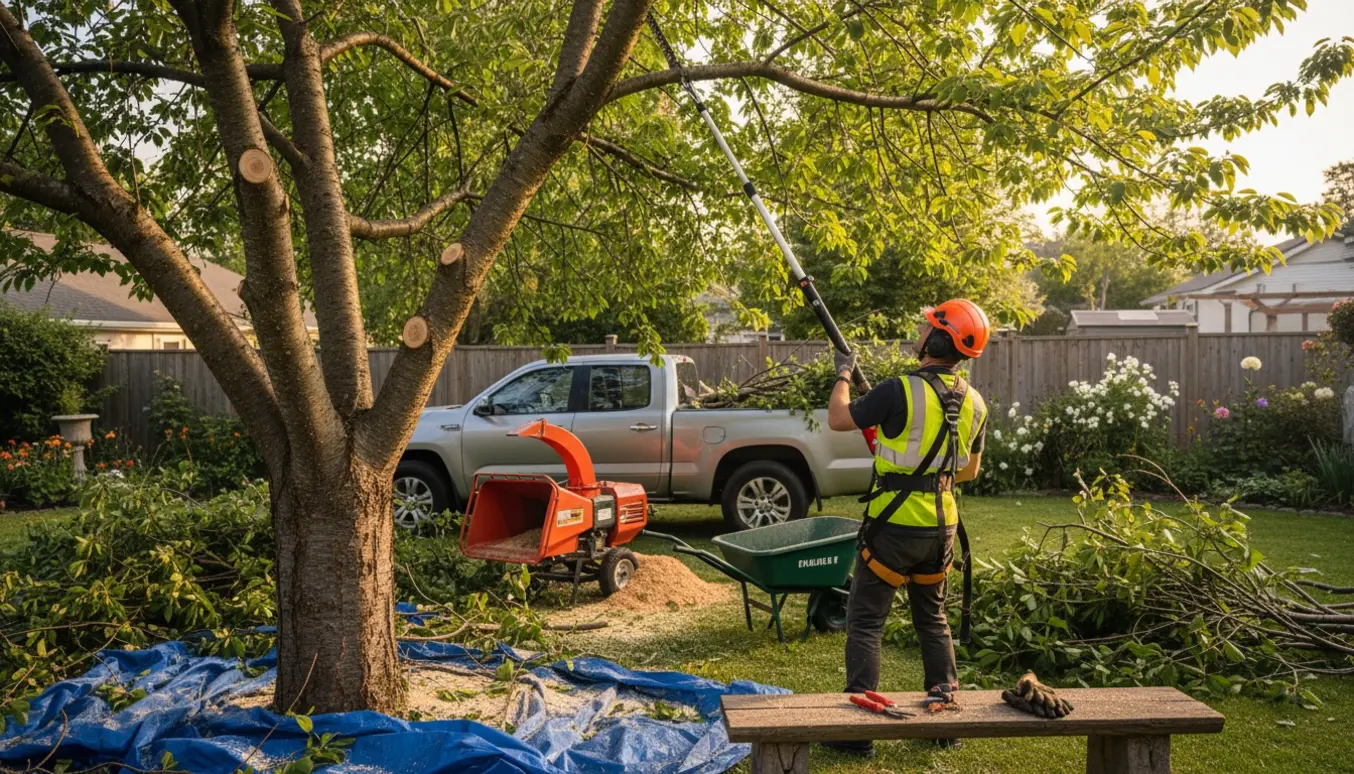 Kraftig beskæring af et højt kirsebærtræ med afskårne grene, flishugger og afklip samlet i haven.