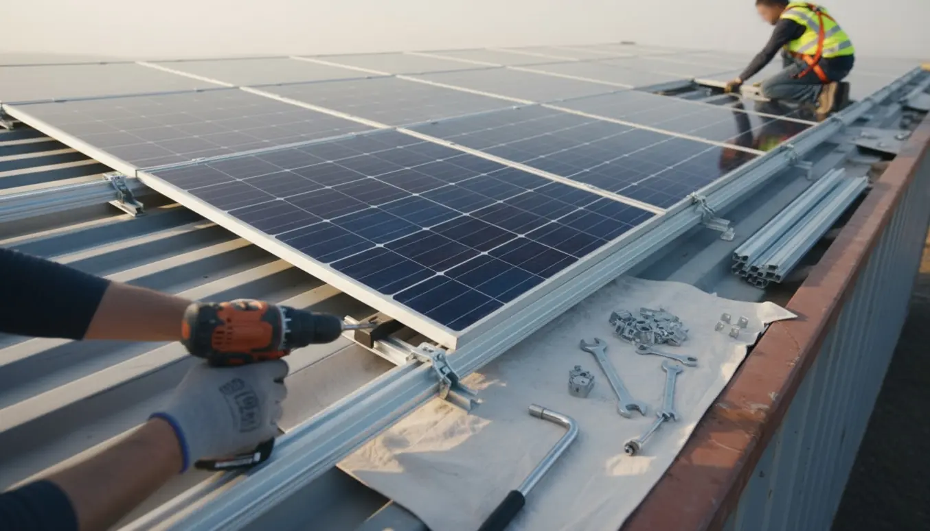 Mekanisk montering af solpaneler på et container-tag med værktøj og montageskinner.
