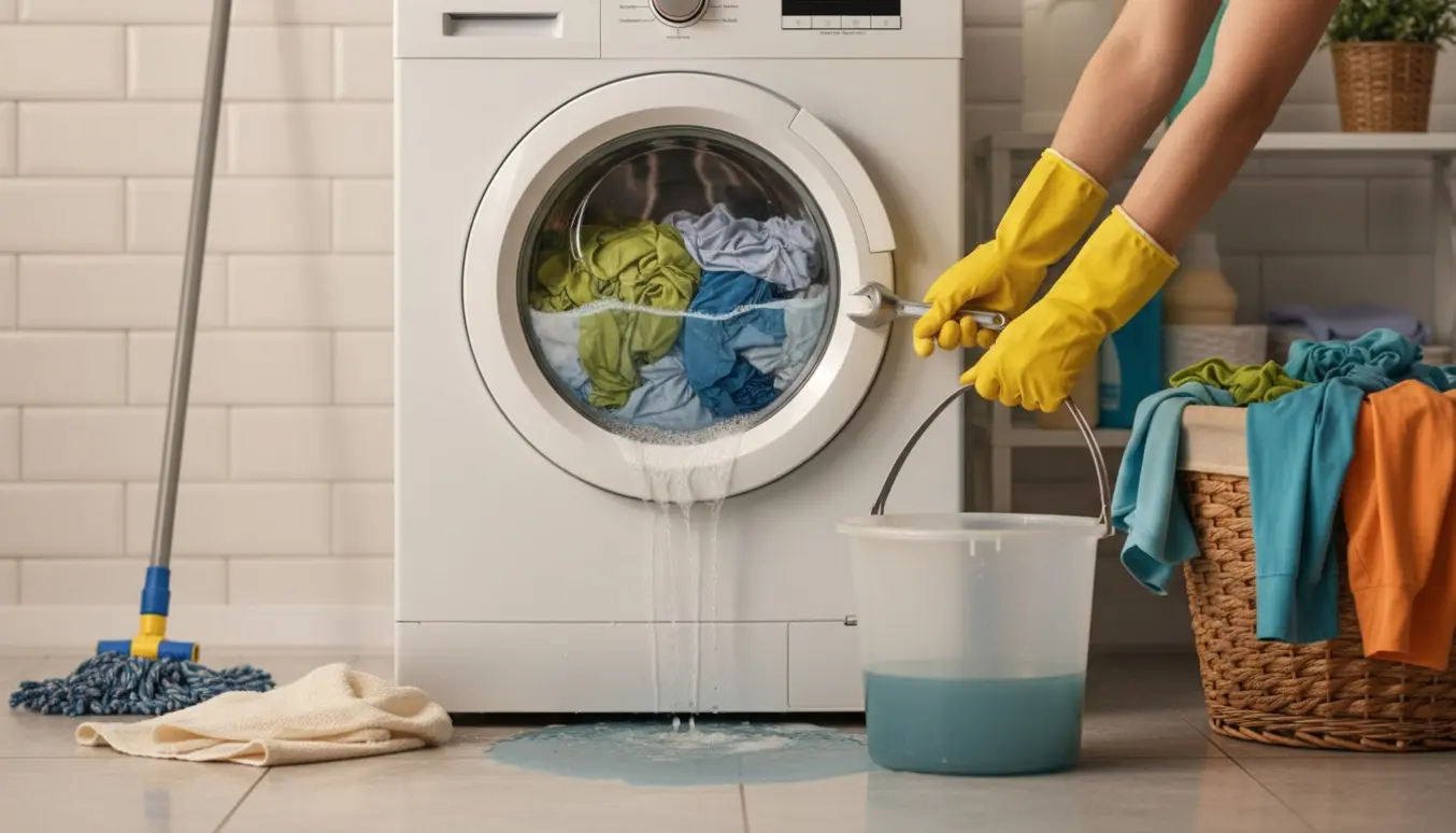 En vaskemaskine med vand og våde tøj i tromlen, hænder i gummihandsker forsøger at åbne lågen mens en spand opsamler vand.