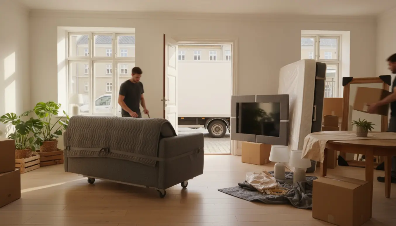 Flyttefolk læsser møbler og flyttekasser i en hvid flyttevogn foran en lys lejlighed.