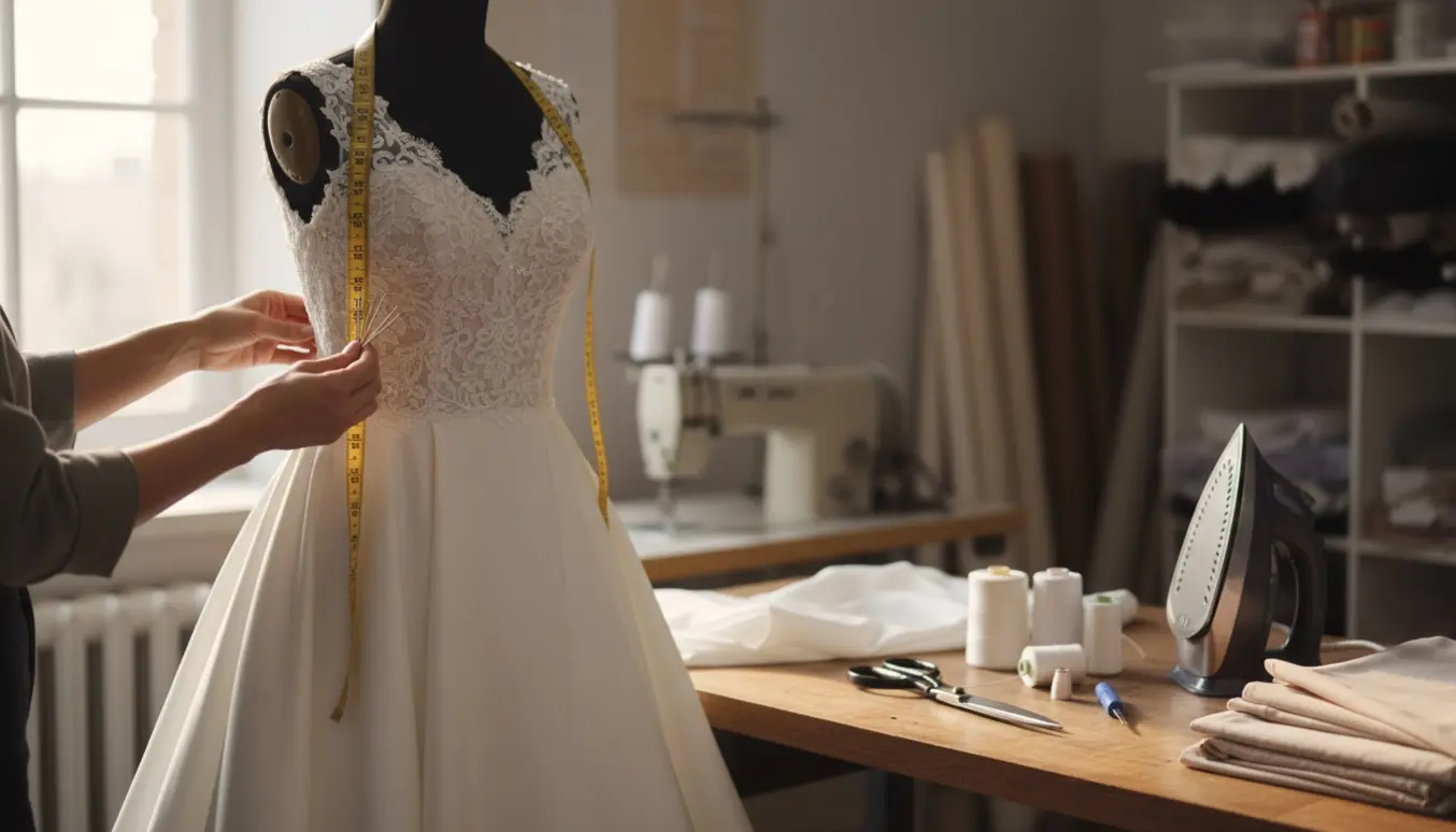 Skrædder justerer skulder, sidesøm og slæb på en brudekjole på en kjolebuste med nåle og målebånd.