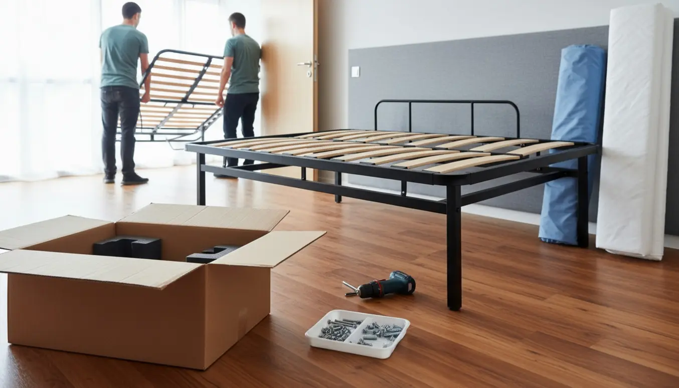 Nyt elektrisk elevationsseng samles i et lyst værelse på et bosted, mens den gamle seng bæres ud.