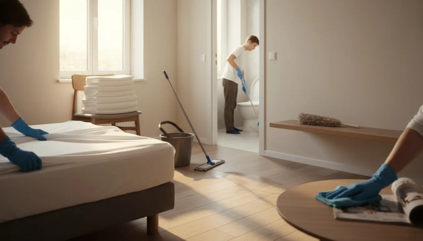 Solbelyst lille lejlighed under rengøring med skift af sengetøj, gulvpudsning og toiletrengøring uden tydelige ansigter.