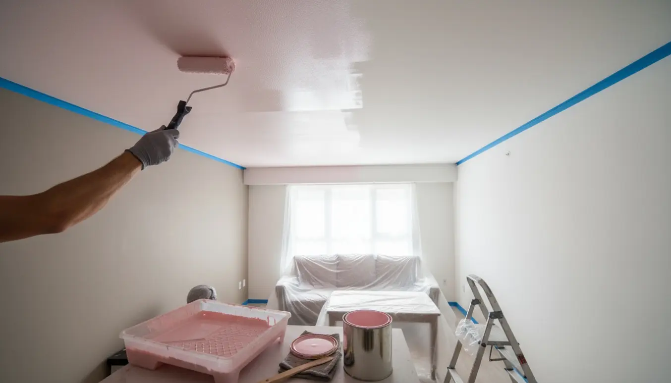 Halvvejs malet loft i en etværelses lejlighed med en rulle, åben malerbøtte og afdækkede møbler.