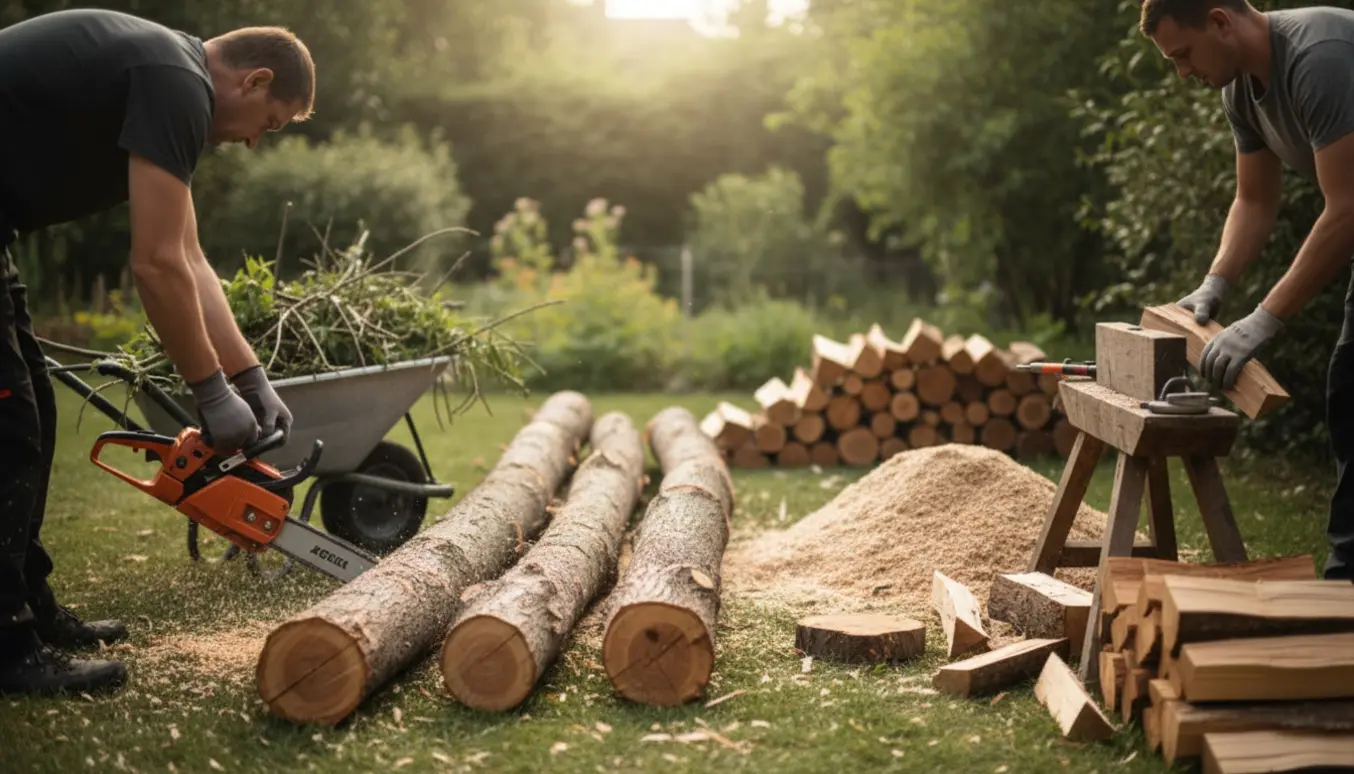 Hænder og ryggen af en person, der saver og stakker små træstammer til brænde i en have.