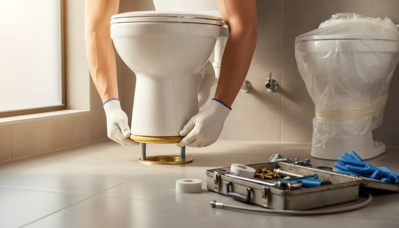 Nyt gulvtoilet installeres i et lyst badeværelse med værktøj og det gamle toilet klar til bortskaffelse.