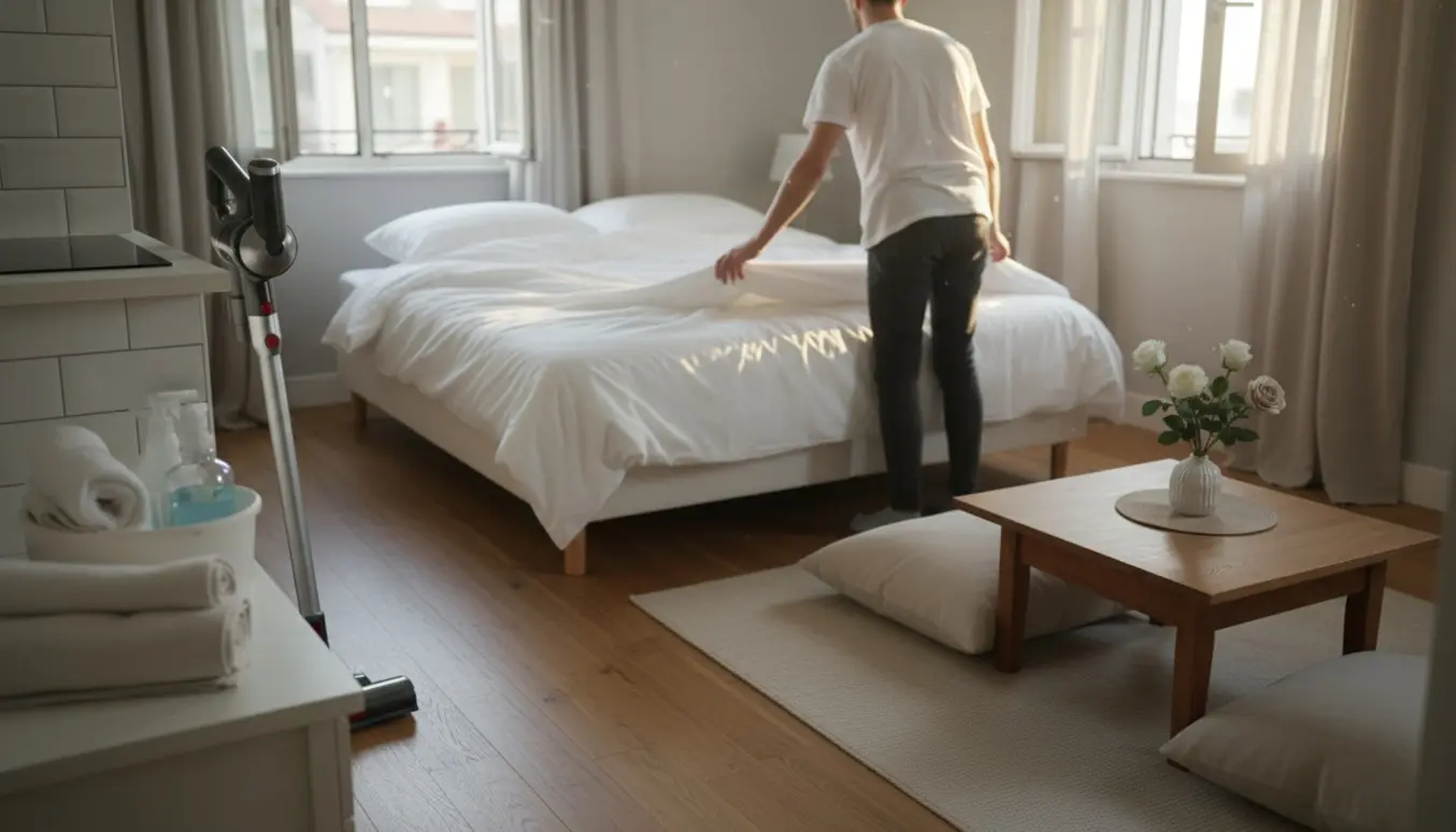 Soloplyst 40 m² lejlighed under rengøring med foldede håndklæder, støvsuger og friske blomster.