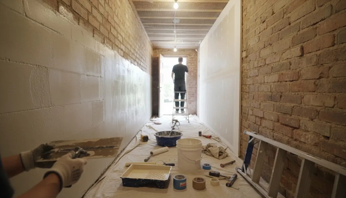 Kældergang under renovering med en hånd, der glatter filt på væggen, og net monteret i loftet.