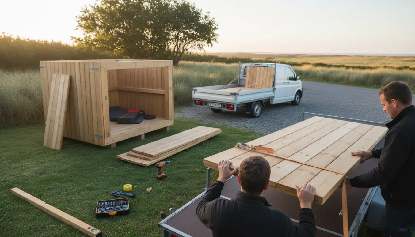 Delvist nedtaget og genopført 2-personers træ-shelter ved et sommerhus, læsset på trailer.
