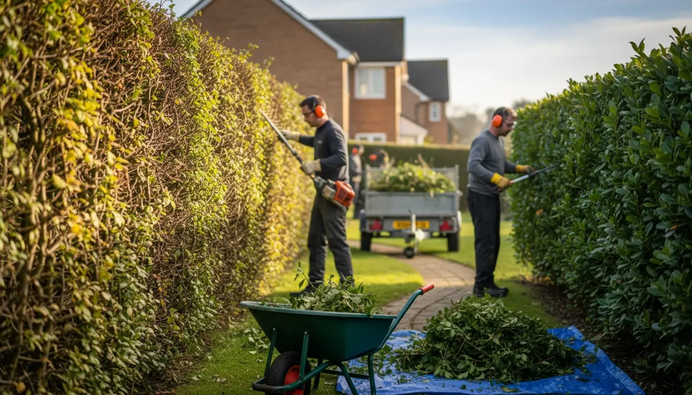 Tjørnehæk og ligusterhæk under beskæring med afklip i trillebør og trailer klar til bortkørsel.