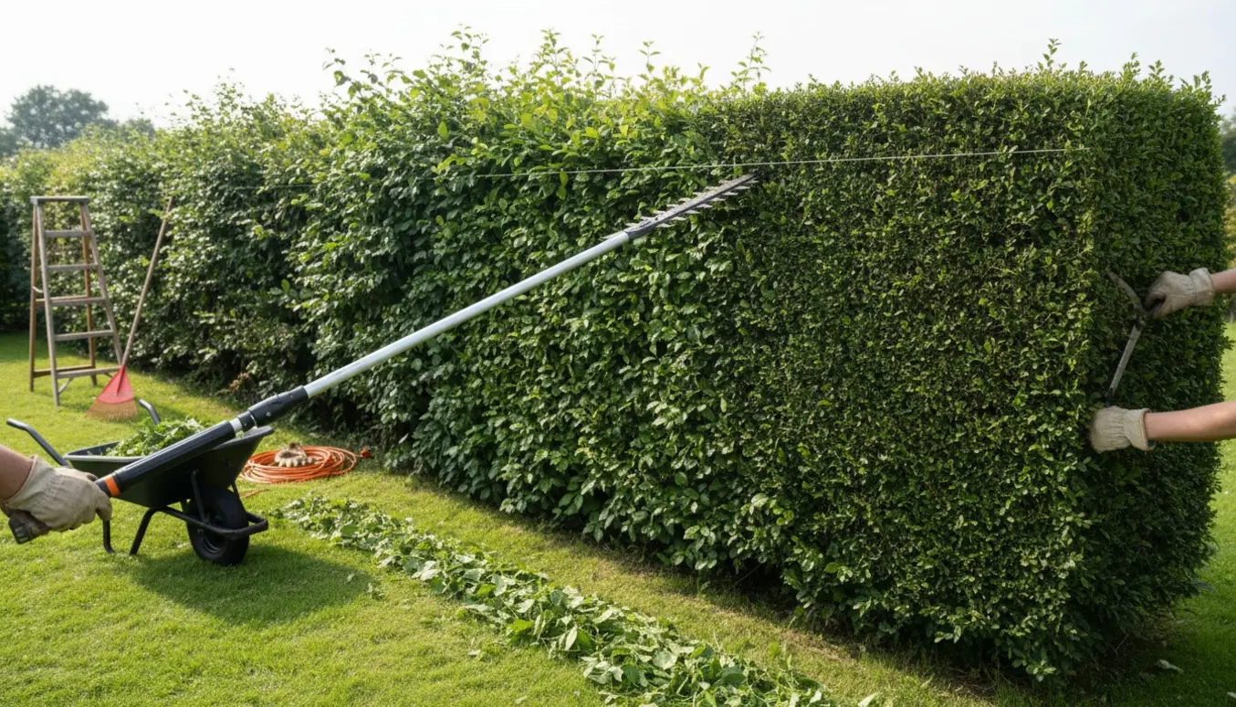 Lang hæk klippes og formes med hækkeklipper og beskærersakse, friske afklip ligger samlet på græsset.