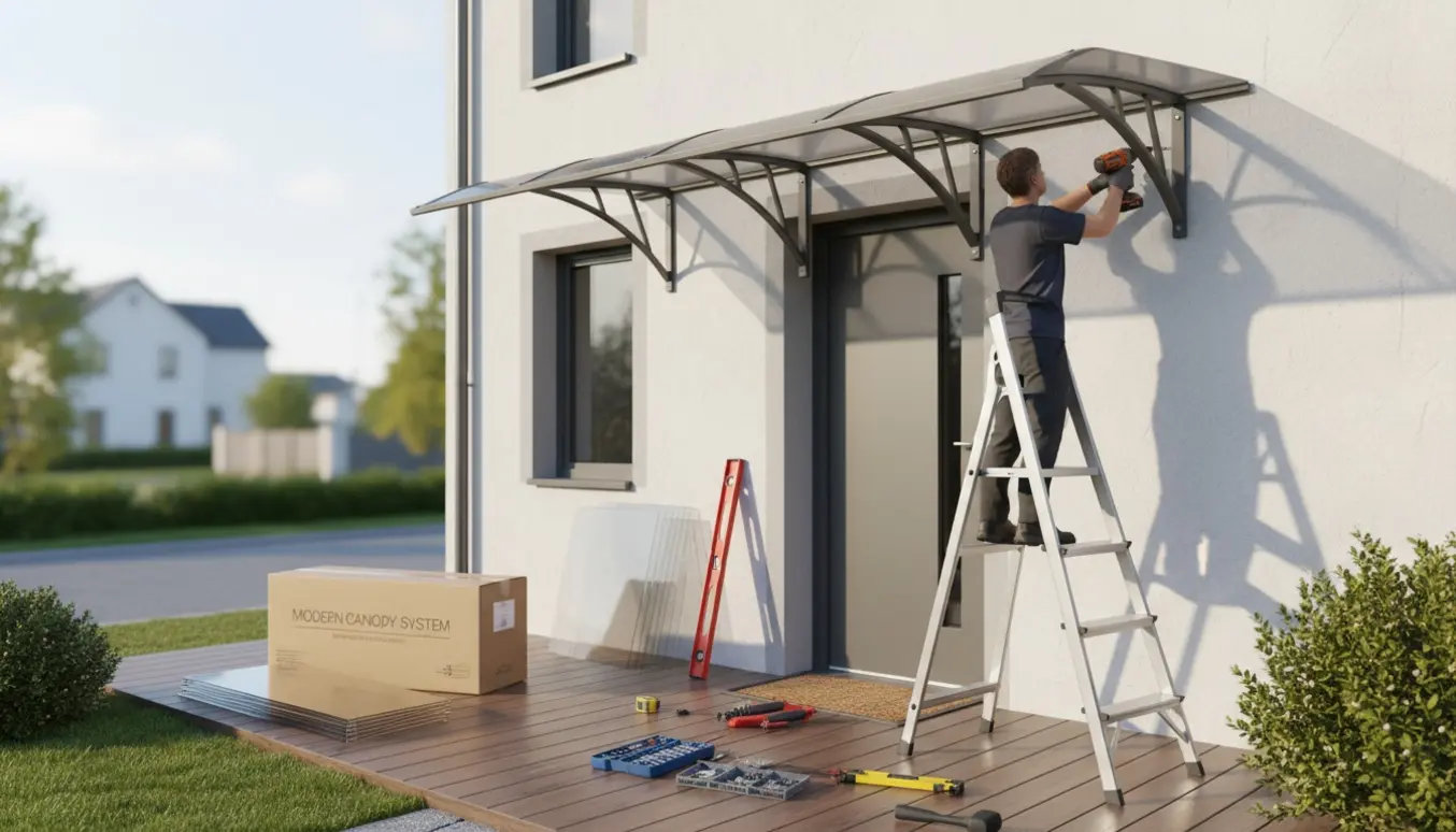 Delvist monteret terrasseoverdæk over husets indgang med værktøj og en stige ved siden af.