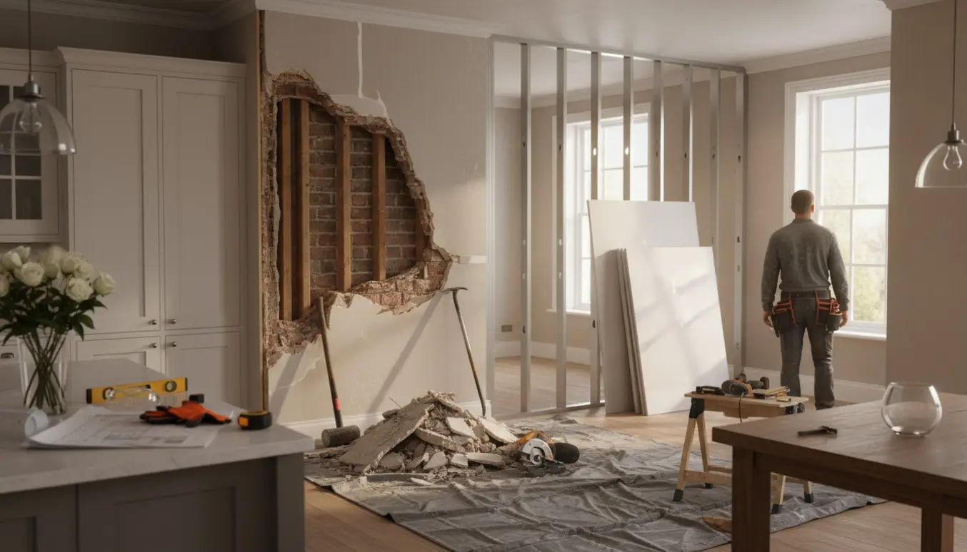 Delvist nedbrudt væg mellem køkken og alrum med værktøj og nyt træskelet klar til opsætning.