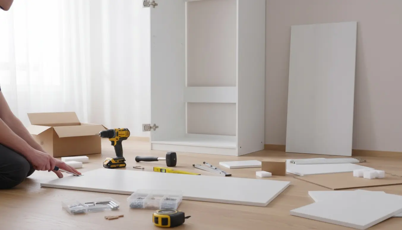 Delvist samlet hvidt garderobeskab 149x200 cm på gulvet med værktøj og hænder, der monterer en hængsel.