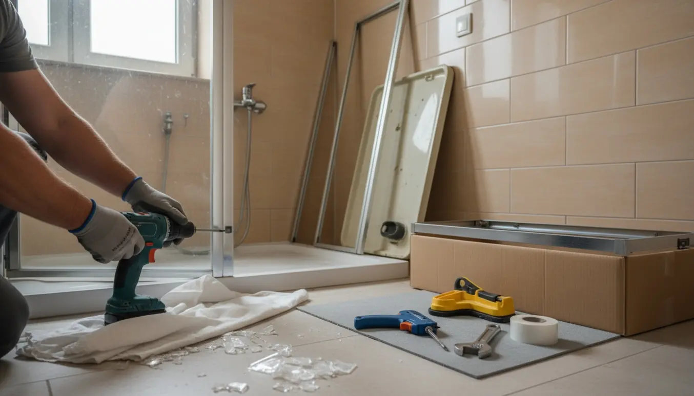 Håndværkerhænder demonterer en gammel brusekabine i et flisebadeværelse med nyt udstyr klar til montering.