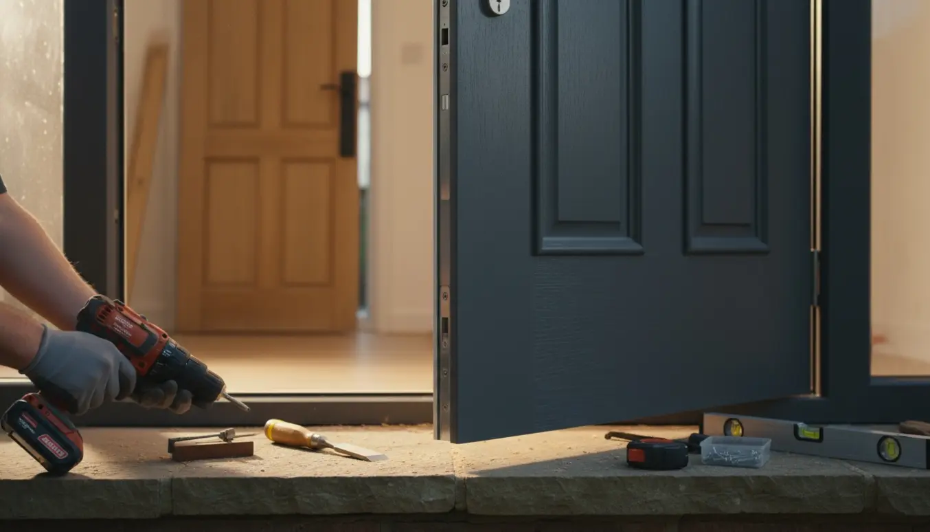 Ny hoveddør monteres med værktøj og håndværkerhænder, døren er sat til at åbne udad.
