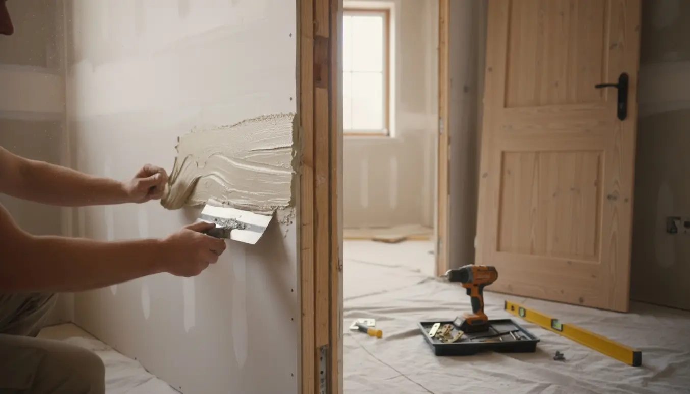 Håndværker udglatter gipsvæg med sparkel mens en ny dør er klar til montering.