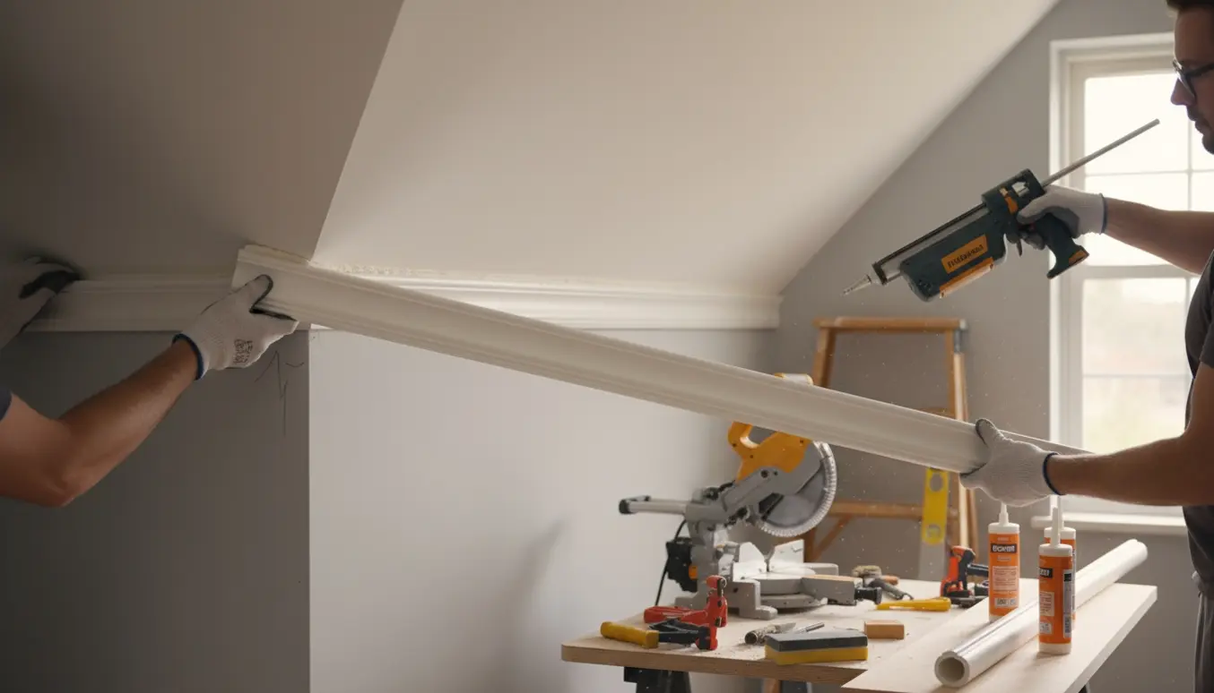 Håndværker monterer polyurethan stuk på skæve vægge og loft med værktøj i naturligt dagslys.