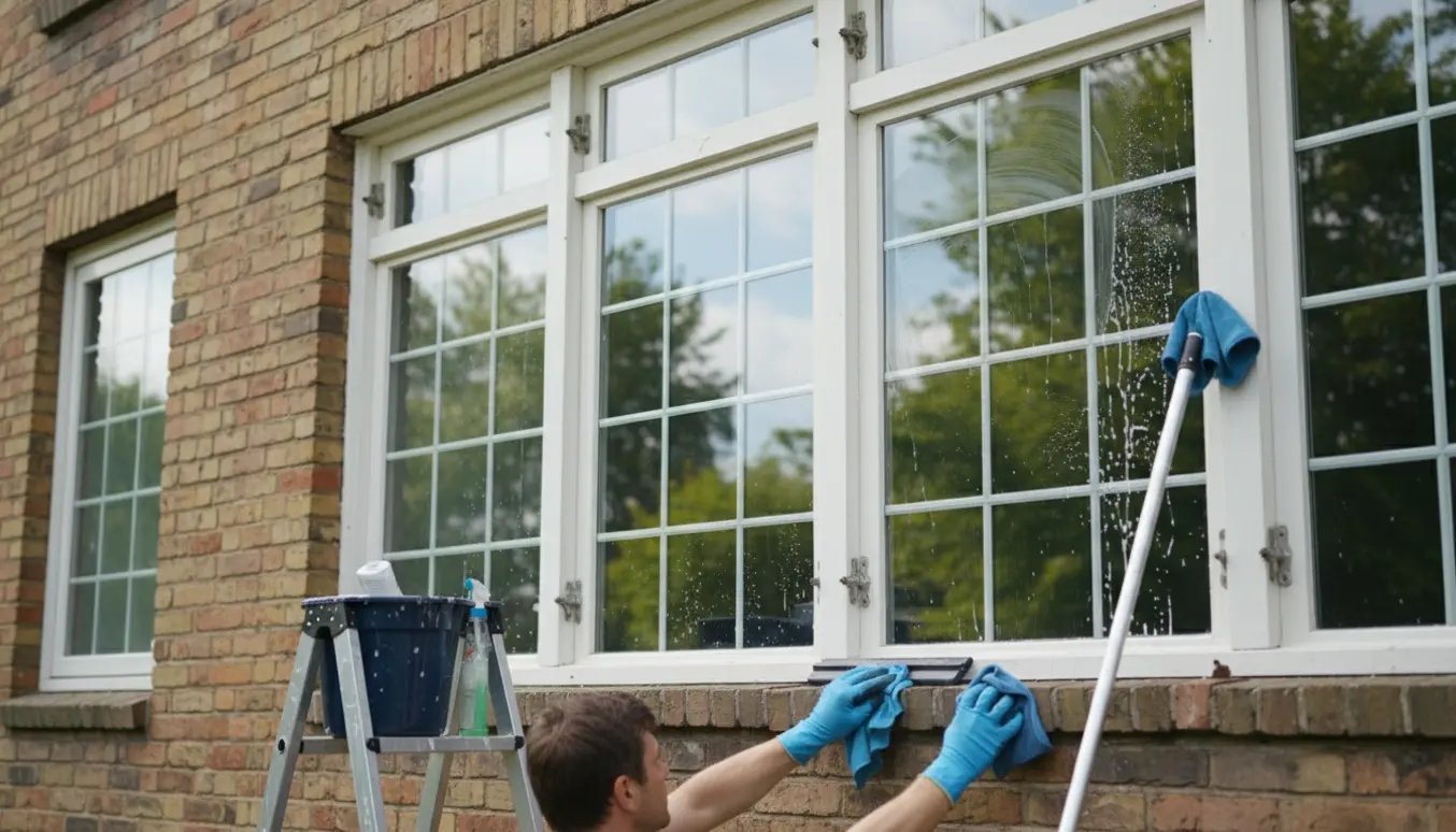 Vinduespudserens hånd med skraber og klud ved dobbeltrammede vinduer med små ruder, spand og stige i baggrunden.