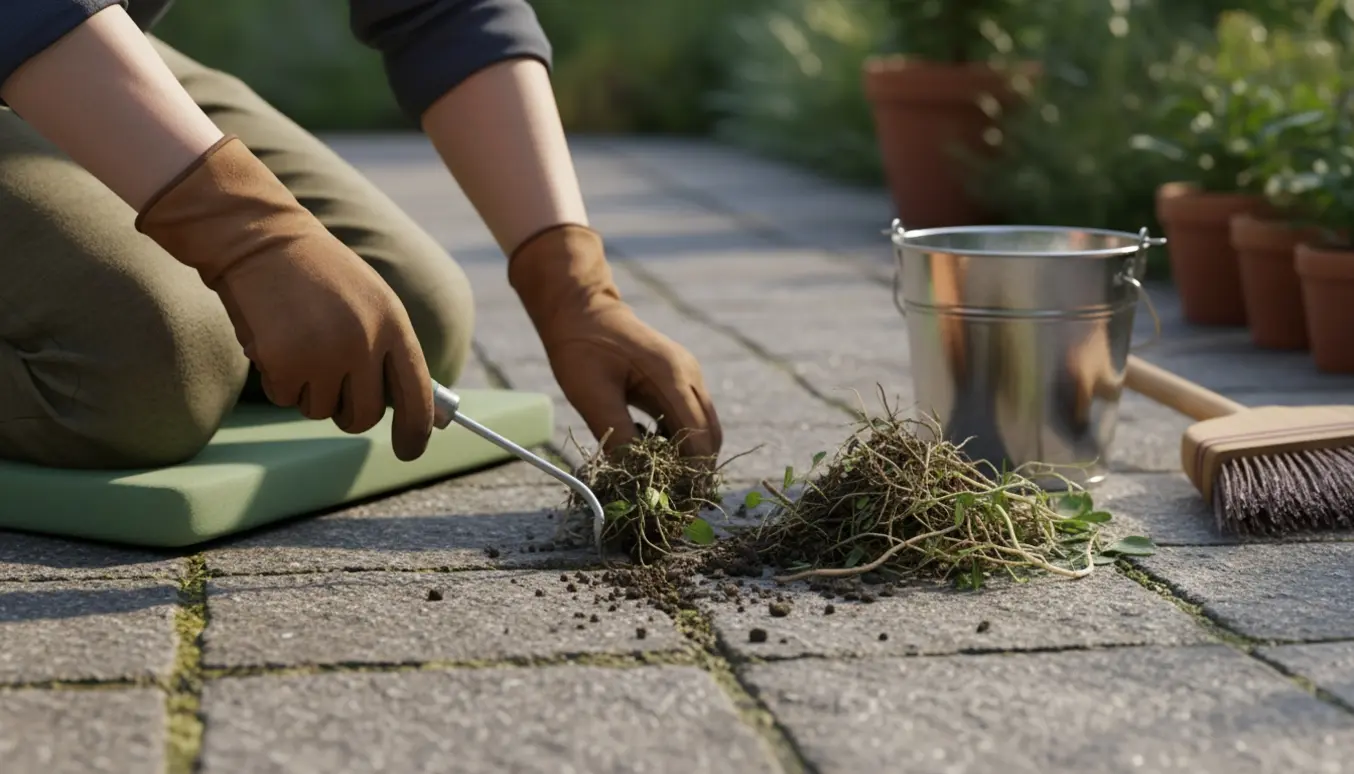 En person fjerner ukrudt mellem havefliser med handsker og en lille hakke.