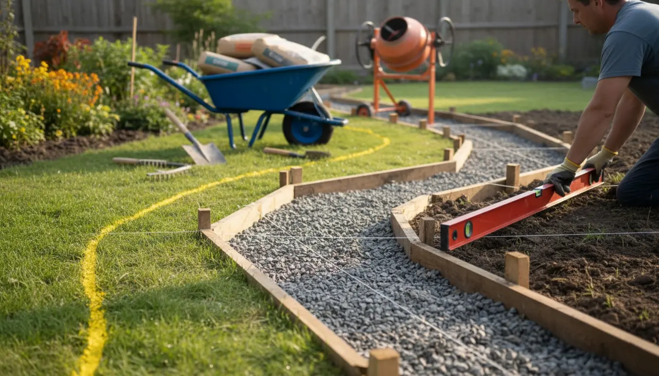 Haveforberedelse til en ny betonsti med gul spraystreg, formbrædder og værktøj.