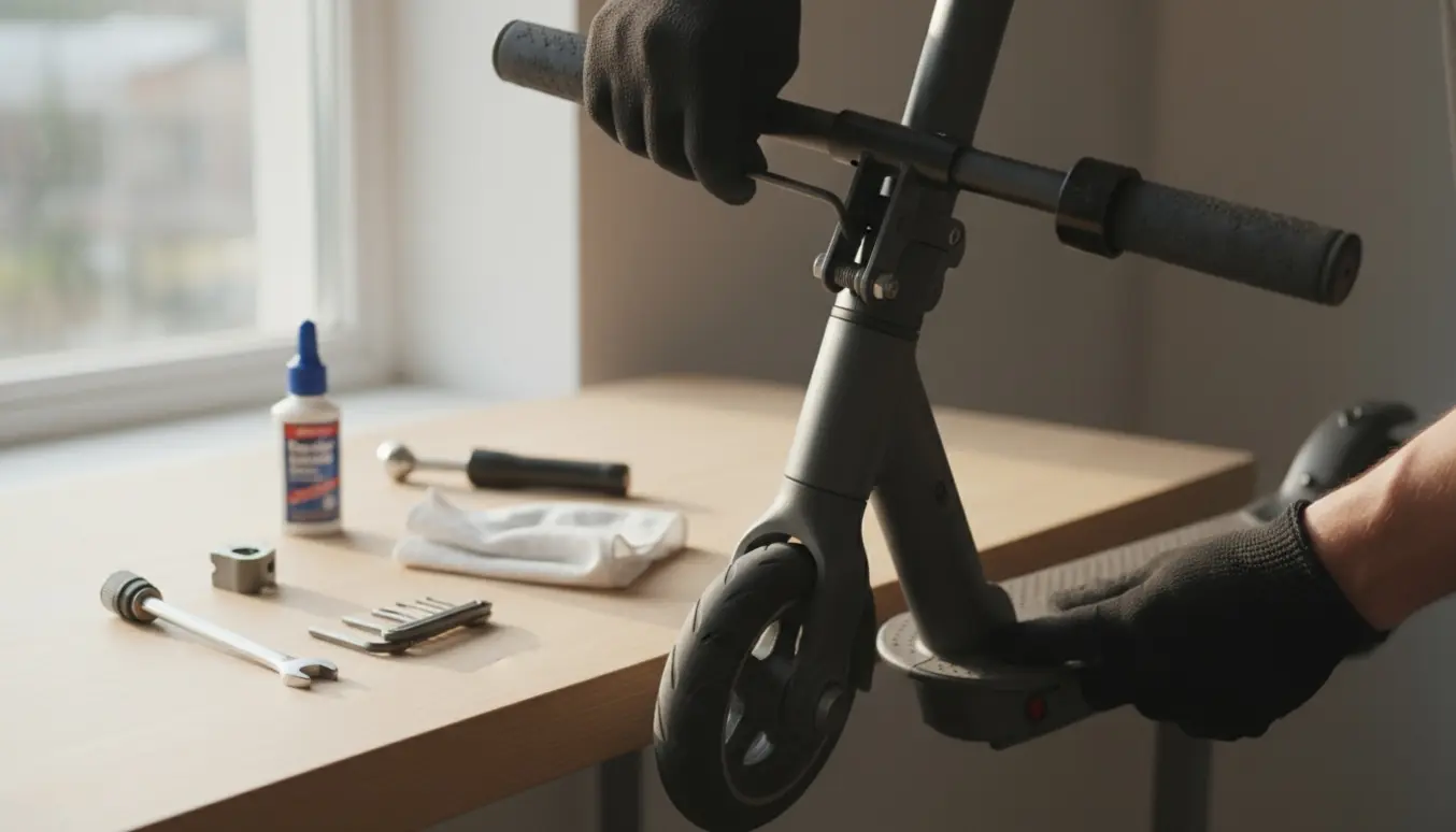Hænder spænder styret på et el-løbehjul med værktøj på et arbejdsbord.