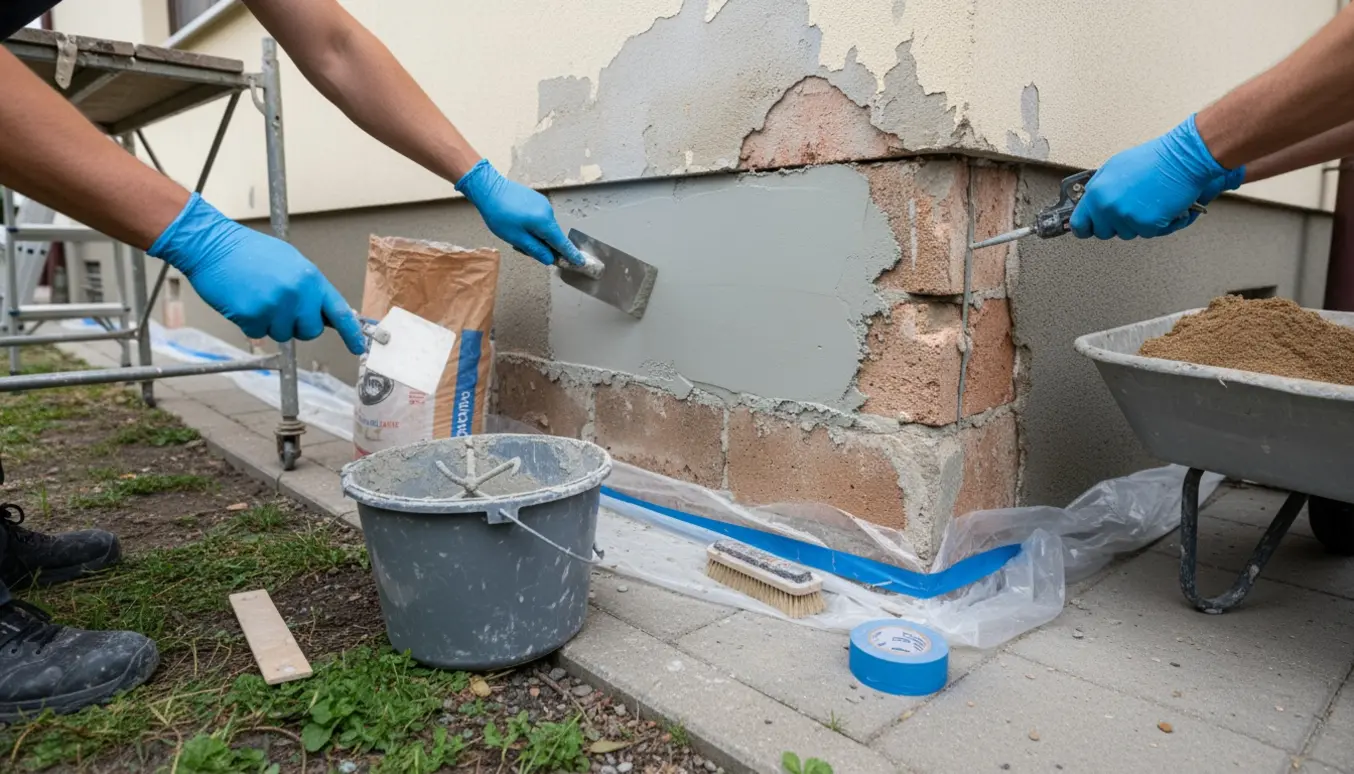 Nærbillede af reparation af sokkel med frisk puds, håndværktøj og fugearbejde på husets facade.