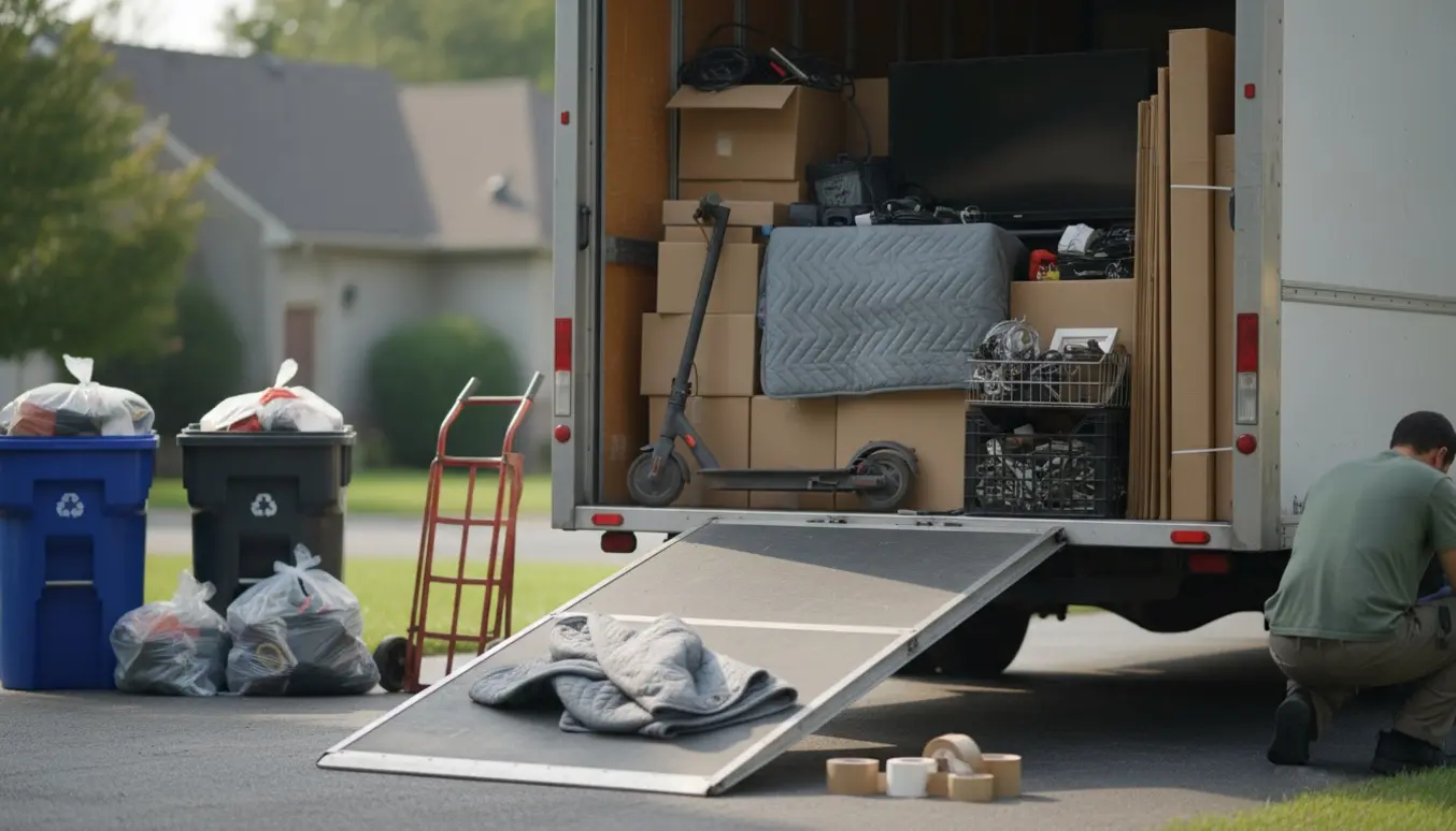 Blandet affald og brugte ting bliver sorteret og læsset i en flyttevogn under en flytning.