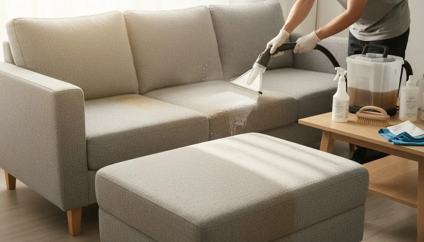 Hånd rengør en 3-personers sofa og matchende puf med en tæpperenser i en lys stue.