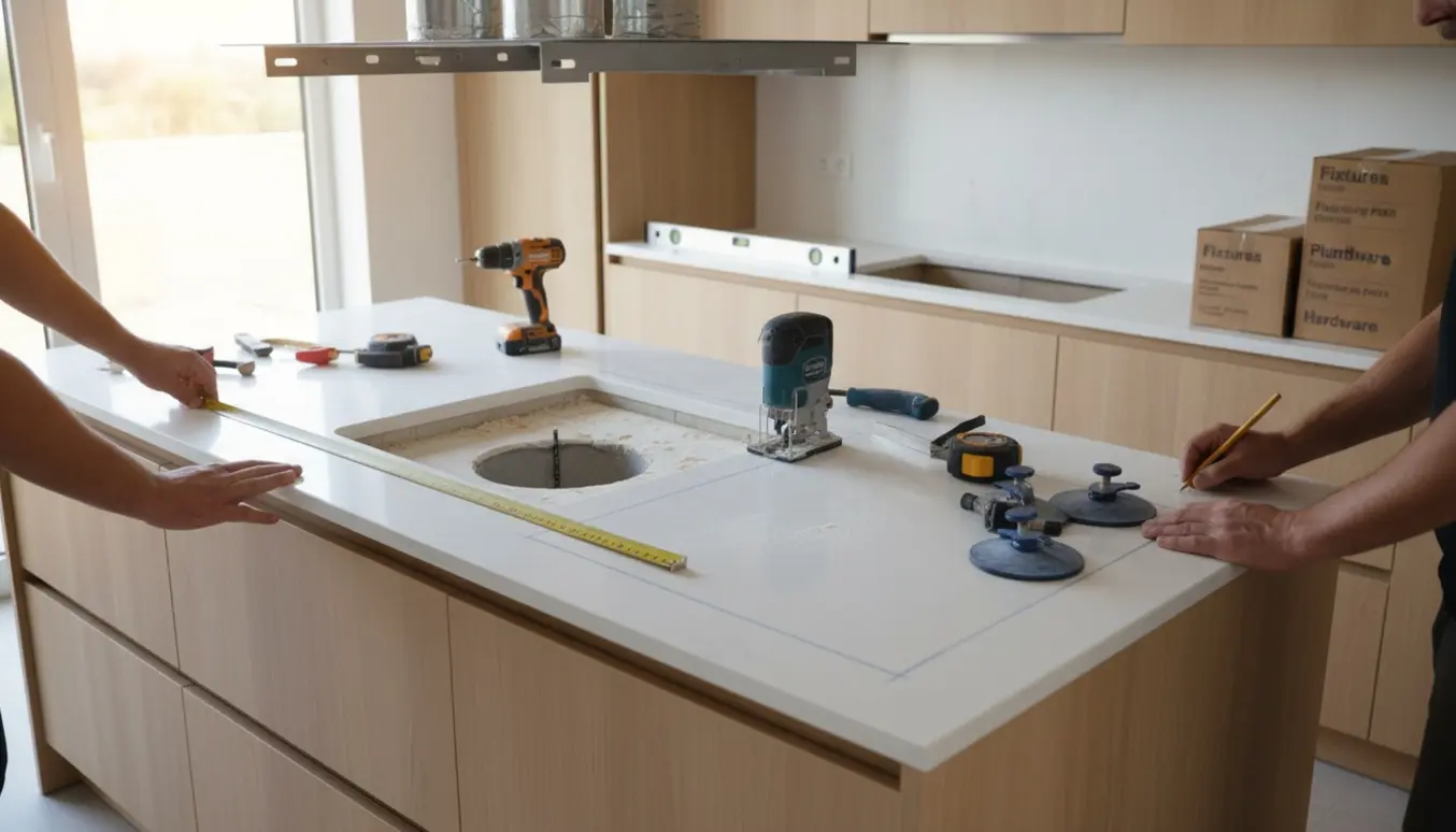 Halvfærdig køkkenmontering med håndværkerhænder, måling og udskæring af bordplade til kogeplade og underlimet vask.
