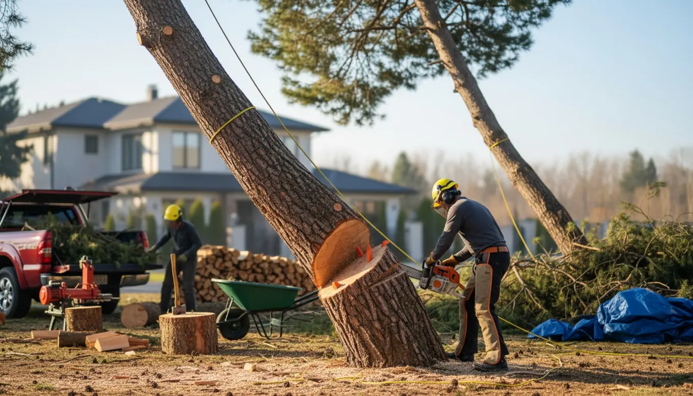 Fældning af et stort flerstammet fyrretræ nær et hus med sikkerhedsudstyr og stak brænde.